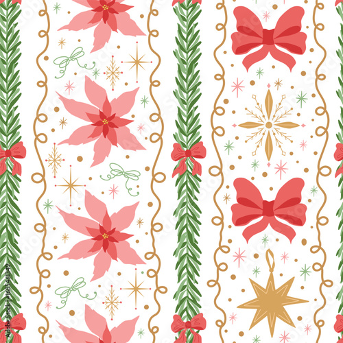 Christmas striped seamless patterns decorated garland, bows, flowers, stars, fir branches. Vector festive repeat background, New year print, cute winter holiday gift paper, wallpaper, textile design.