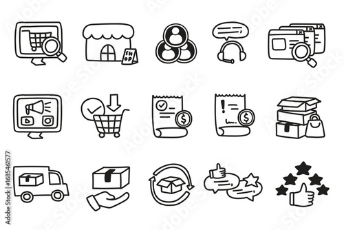 set of e-commerce business hand drawn icons, website, drawing, vector illustrations, online shop, buy, payment, receive product, finance