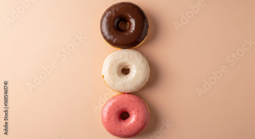 Three Glazed Donuts in Chocolate White and Strawberry Icing.