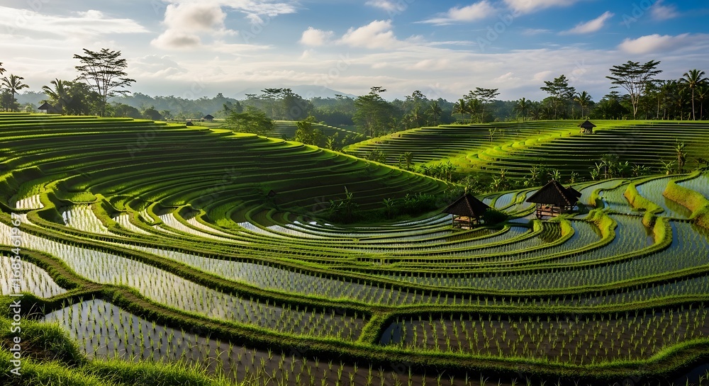 Fototapeta premium Lush green rice terraces under a cloudy sky capturing agricultural beauty