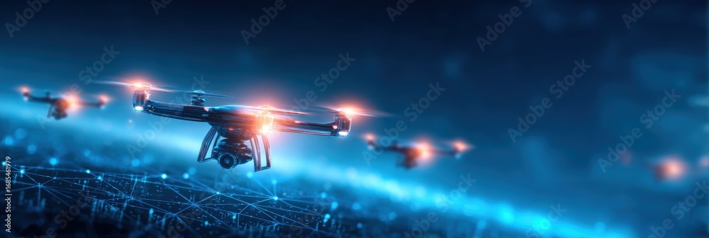 Obraz premium A futuristic scene featuring multiple drones flying over a network of connections, illuminated by blue and orange lights, suggesting advanced technology and surveillance.