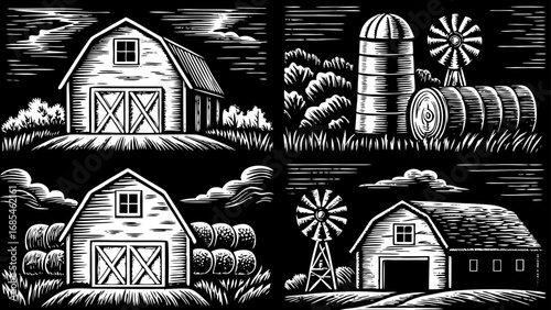 farm life concept illustrated with a hand-drawn funny doodle icon set, featuring barn, silo, farmhouse, and windmills, ideal for countryside design projects, agricultural themes