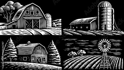 farm life concept illustrated with a hand-drawn funny doodle icon set, featuring barn, silo, farmhouse, and windmills, ideal for countryside design projects, agricultural themes