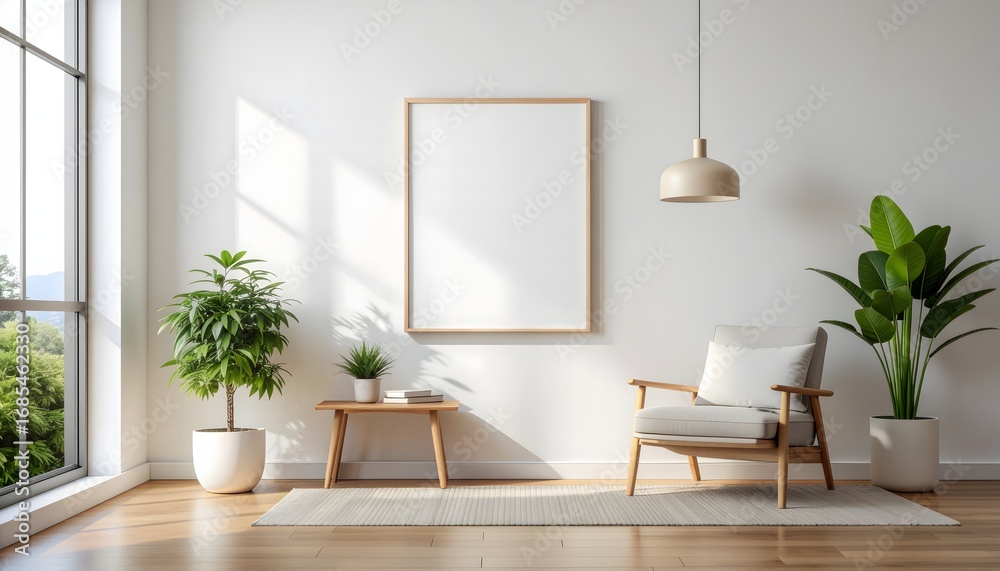 Fototapeta premium Cozy living room with armchair, plants, and a blank picture frame