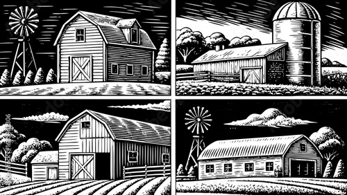 farm life concept illustrated with a hand-drawn funny doodle icon set, featuring barn, silo, farmhouse, and windmills, ideal for countryside design projects, agricultural themes