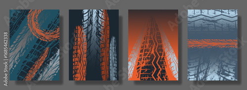 Grunge Tire Track Poster Set with Automotive Racing Abstract Design