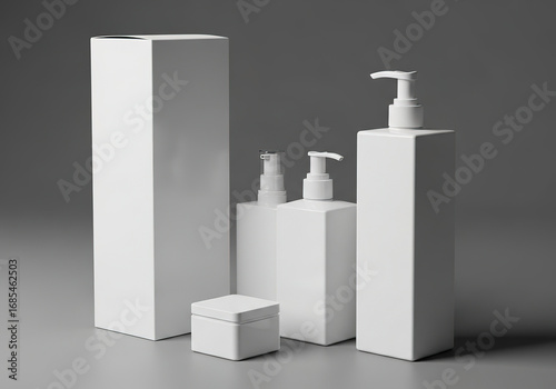 White Cosmetic Packaging Mockup Bottles Pump Dispensers and Box.