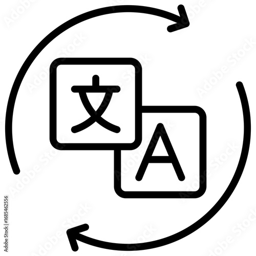 Language Translate Outline Icon Design Vector - Circular arrows with language symbols, symbolizing translation, multilingual communication, or exchange