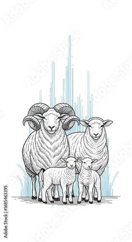 Majestic ram and ewe nurturing their adorable lambs amidst abstract blue streaks and green grass