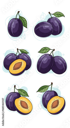 Fresh ripe plums healthy juicy purple fruit with green leaves on a white background