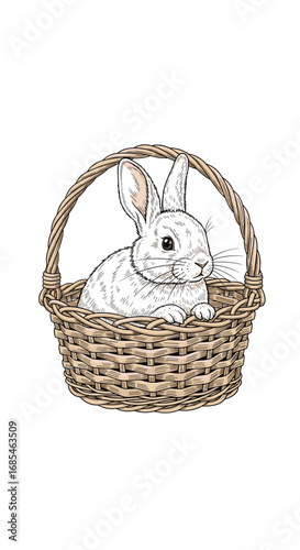 Charming white bunny nestled in a woven basket waiting for easter celebrations