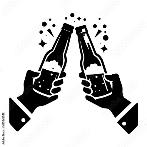 Cheers and toasting two beer bottles in a vector illustration on a white background.