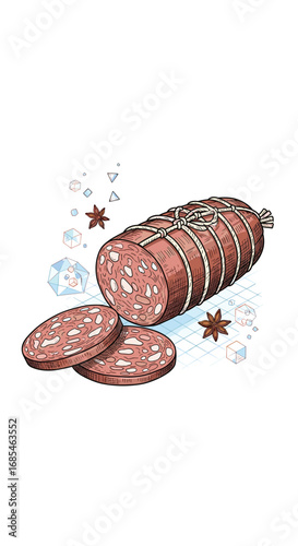 Artistic rendering of cured meat sausage with star anise and ice crystals showcasing culinary delicacy and flavor enhancers