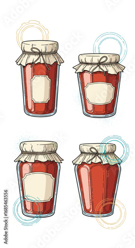 Four vintage style jars filled with red preserves and tied with twine