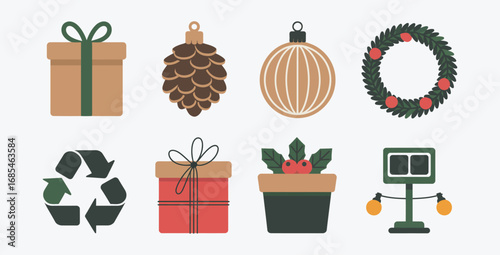 Christmas icons set holiday decoration elements flat vector illustration with gift boxes ornament pine cone recycling symbol festive lights and seasonal wreath for greeting cards banners or web design