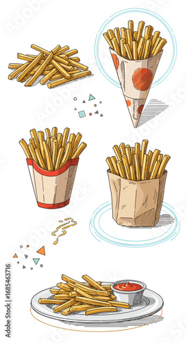 Deliciously crispy golden french fries a popular snack food served in various containers and on a plate with dipping sauce