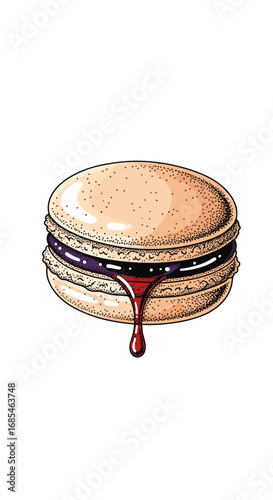 Deliciously sweet strawberry jam filled french macaron dessert with creamy filling and chocolate drizzle treat