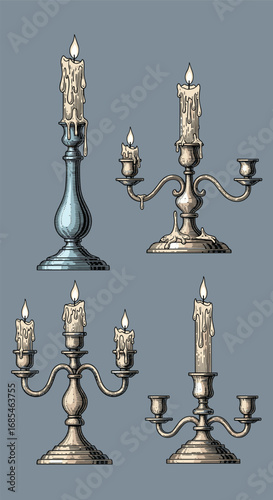 Elegant antique candlesticks and candelabras illuminating spaces with warm flickering candlelight