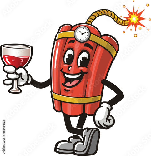 TNT Dynamite mascot cartoon holding a glass of drink