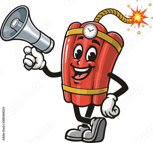 TNT Dynamite mascot cartoon holding a megaphone or loudspeaker