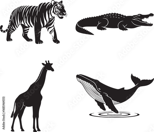 Diverse Wildlife Silhouette Collection featuring a tiger a crocodile a giraffe and a whale