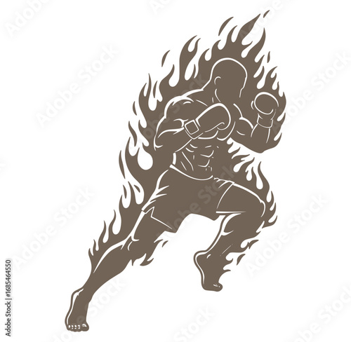 Dynamic silhouette of a powerful boxer surrounded by fiery flames vector illustration