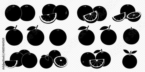 A collection of black silhouette illustrations depicting whole and sliced oranges, some with leaves, on a transparent background.