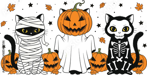 Halloween cats, mummy costume, ghost pumpkin head, skeleton outfit, spooky pumpkins, autumn leaves, festive cartoon, cad drawing, flat vector illustration