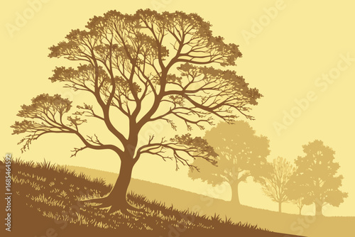 Vector art of a serene landscape featuring a large tree silhouette on a grassy hill, with other trees fading into the distance under a soft, goldenyellow sky, creating a peaceful scene