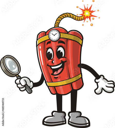 TNT Dynamite mascot cartoon holding a magnifying glass