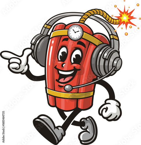 TNT Dynamite mascot cartoon wearing a headset or headphone