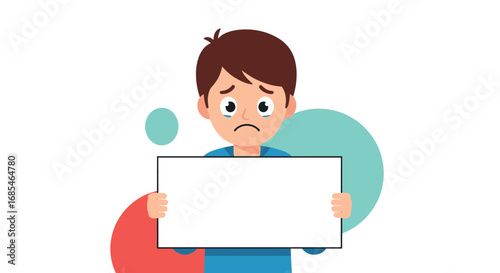 A sad boy is holding a blank white sign with tears in his eyes and abstract colorful circles in the background