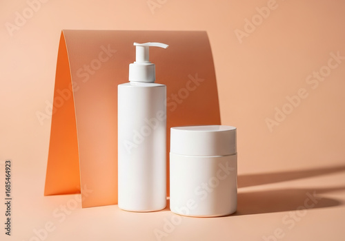 White Pump Bottle and Jar Skincare Packaging Mockup.