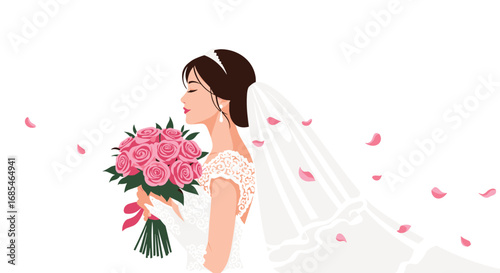 A beautiful bride with a bouquet of roses on her wedding day with petals falling