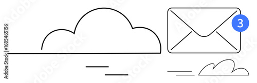 Cloud icon connected to an envelope with a notification badge showing three unread messages. Ideal for communication, email service, cloud storage, updates, data exchange, productivity apps, digital