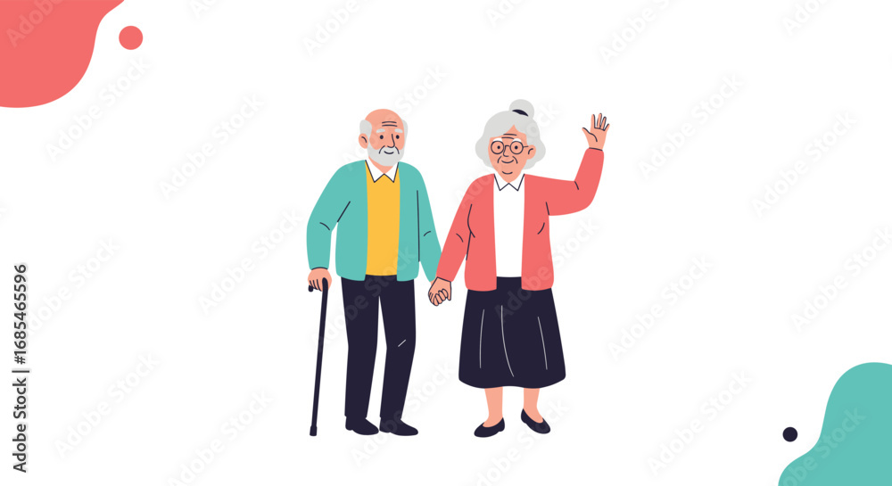 Fototapeta premium A delightful illustration of a senior couple holding hands cheerfully with a gentle backdrop of organic shapes and muted colors representing a positive and peaceful retirement