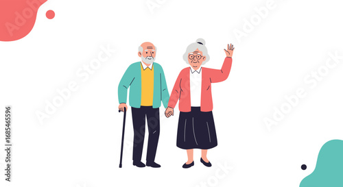 A delightful illustration of a senior couple holding hands cheerfully with a gentle backdrop of organic shapes and muted colors representing a positive and peaceful retirement