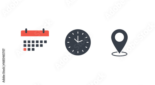 Calendar clock and location pin icons representing scheduling time management and navigation concepts