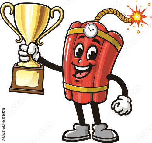 TNT Dynamite mascot cartoon holding a trophy