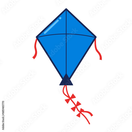A simple blue diamond shaped kite with red streamers flying against a white background