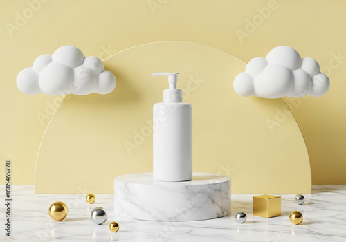 White Pump Bottle on Marble Display with Gold Accents.
