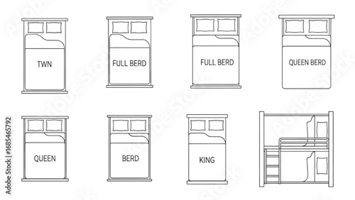 Beds Outline Top View Icons Set | Thin Line Floor Plan Symbols for Interior and Architectural Design