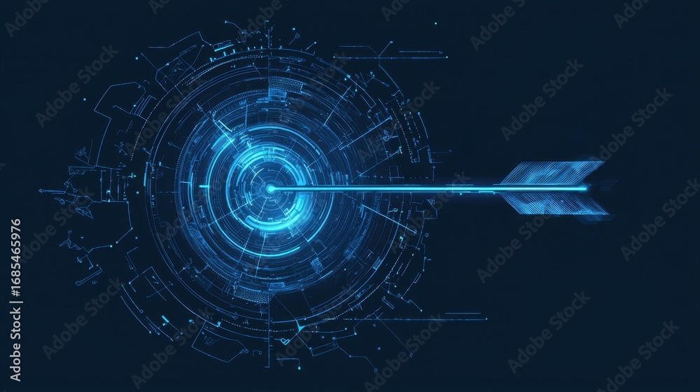 Obraz premium Digital arrow targeting a futuristic interface with glowing blue elements during a tech-focused design concept