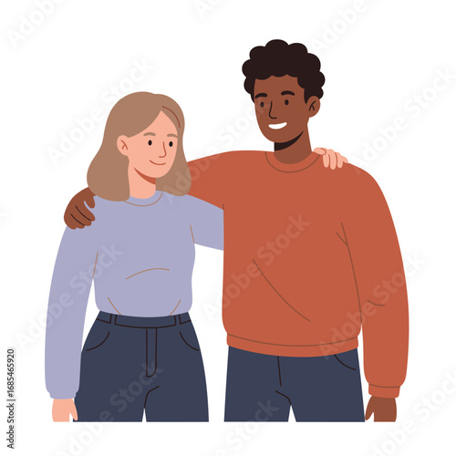 Diverse young friends embracing with arms around each other showing happiness and support