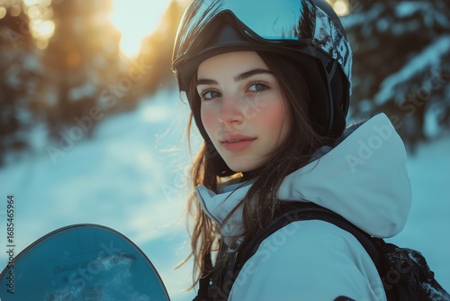 Young Snowboarder Enjoying Winter Adventure on Snow-Covered Mountain at Sunset