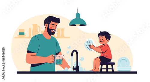 Father and child together washing dishes in a bright modern kitchen scene