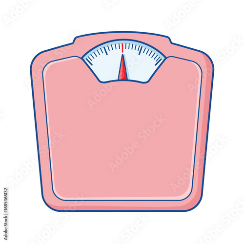 Simple cartoon illustration of a pink analog bathroom scale with a blue dial and red needle
