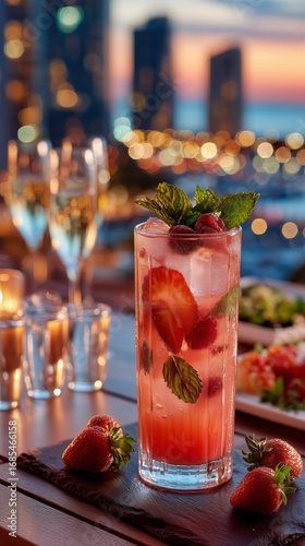Refreshing Fruit Cocktail Served at Sunset in a Vibrant City Bar.