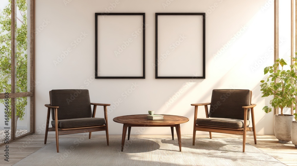 Fototapeta premium Modern Minimalist Living Room with Two Armchairs and Coffee Table in Bright Sunlit Space