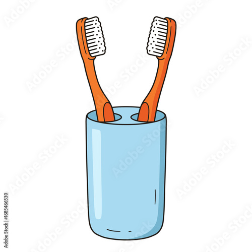 Two orange toothbrushes standing upright in a light blue holder on a white background